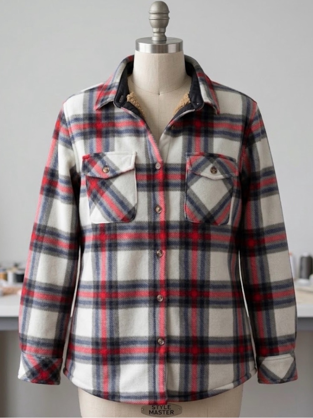 Victory Outfitters Plaid Sherpa Lined Fleece Shacket Jacket Red White Blue XL